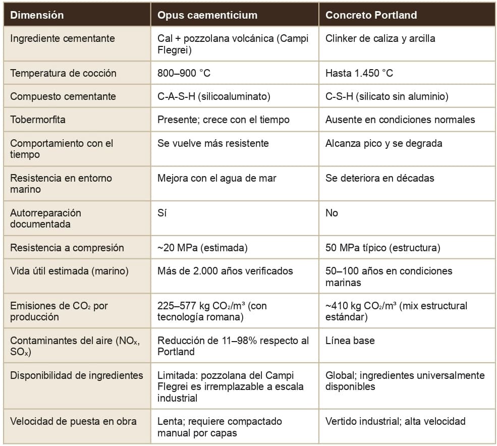 Tabla comparativa entre Opus Caementicium romano y Concreto Portland moderno, mostrando diferencias en ingredientes, temperatura, durabilidad, autorreparación y emisiones